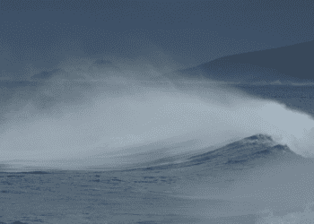 Picture of a crashing wave on the sea surface in a nightly setting