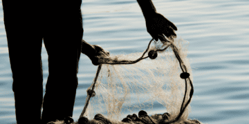 silhouette of man adjusting fishing net